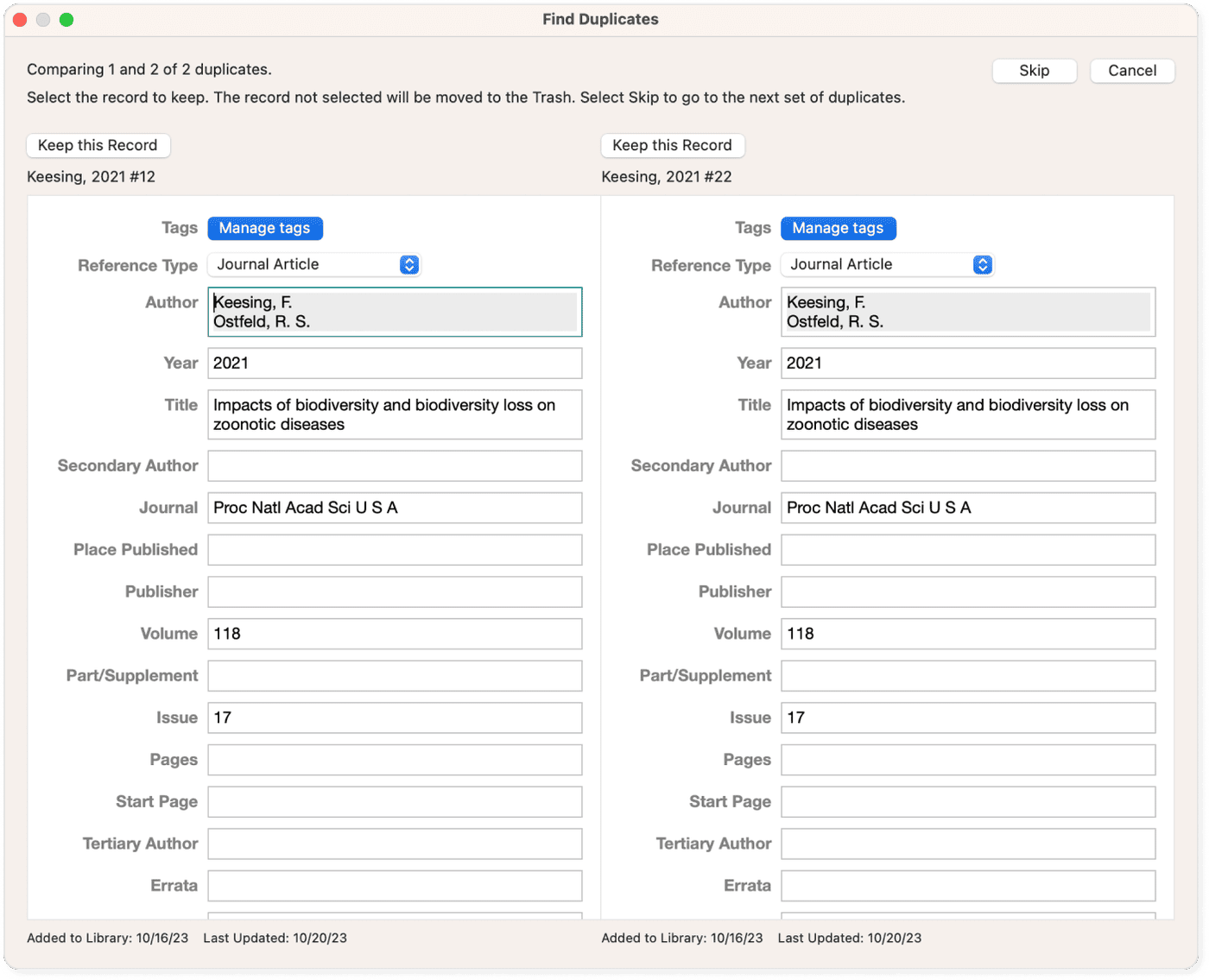 EndNote's find duplicates feature